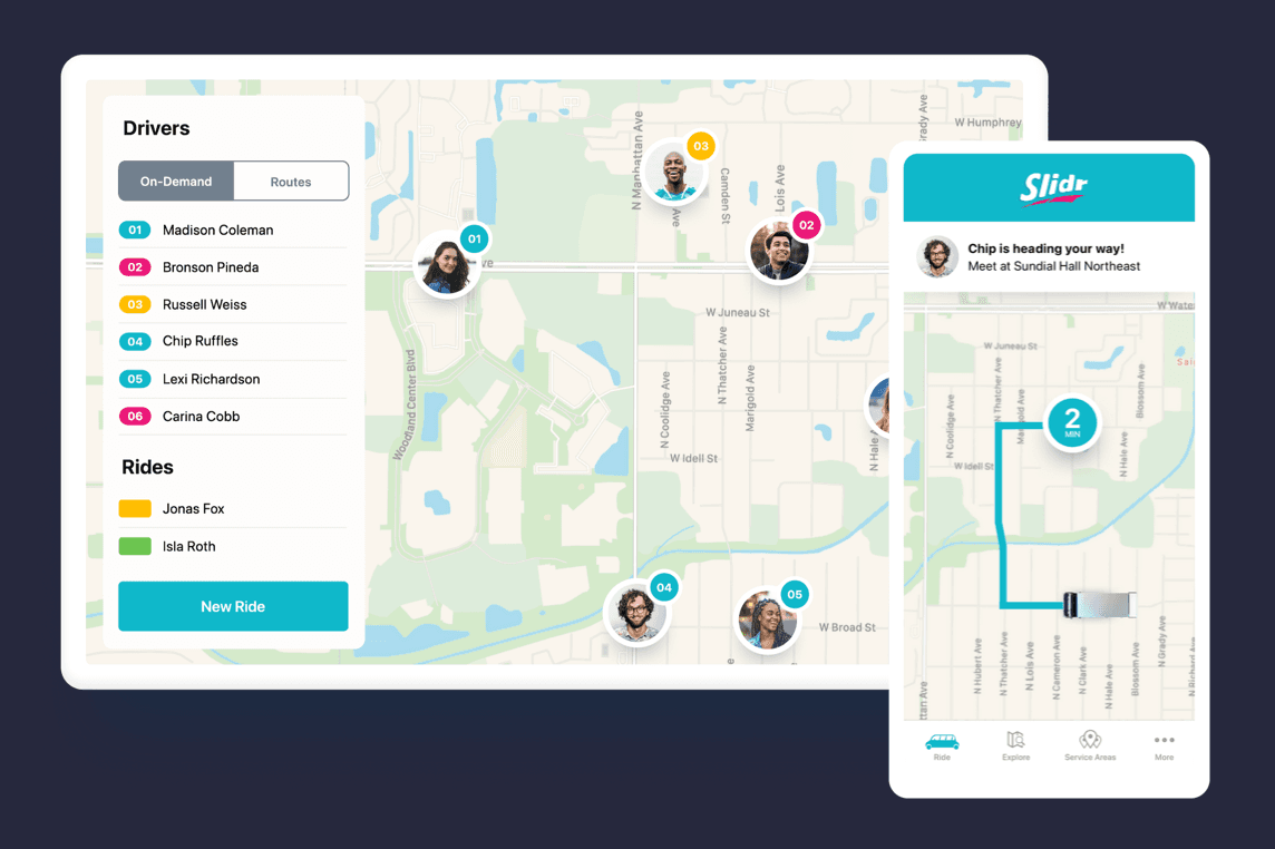 Slidr dispatch dashboard showing drivers and routes alongside the rider app with real-time tracking