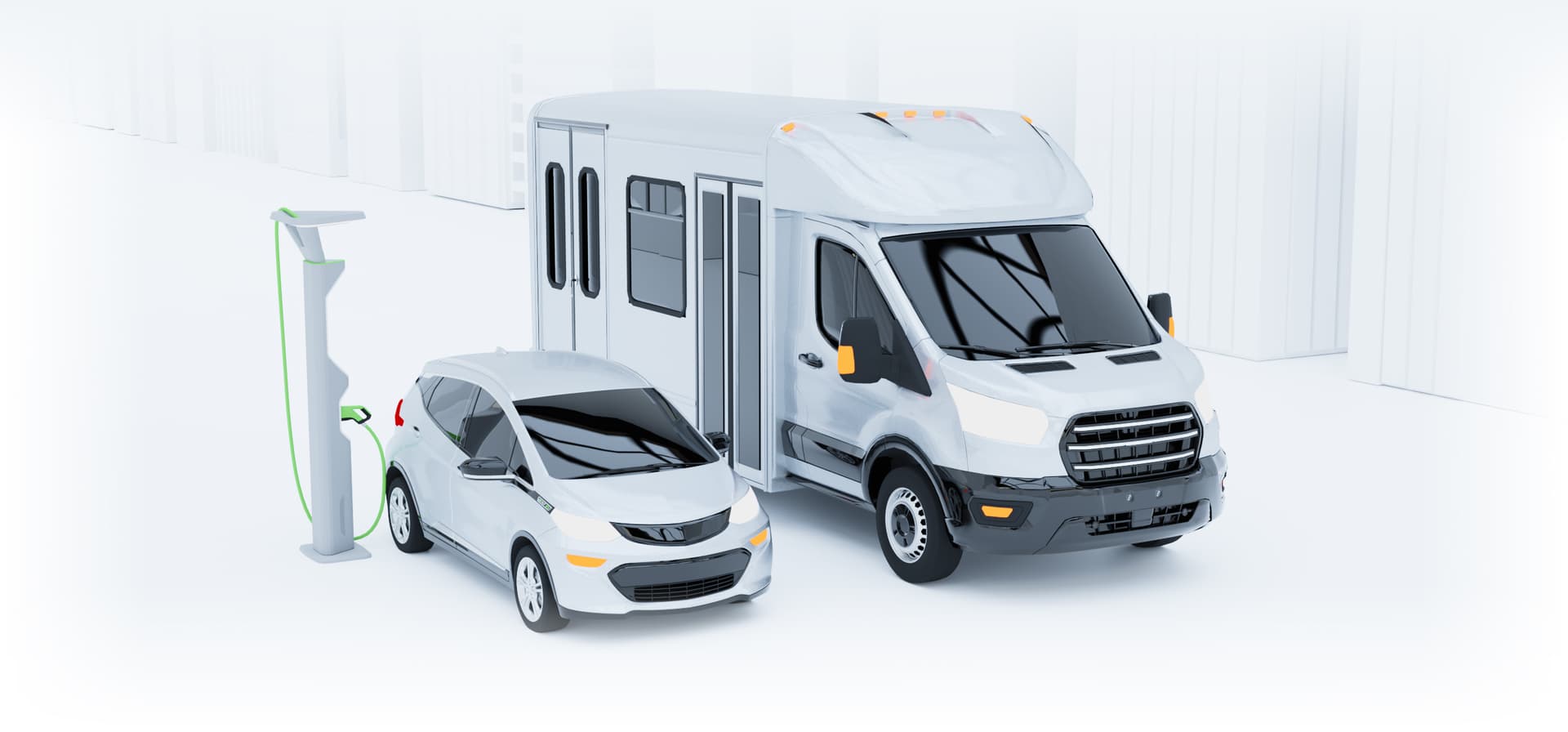 Slidr electric fleet — EV, shuttle bus, and transit van at charging station