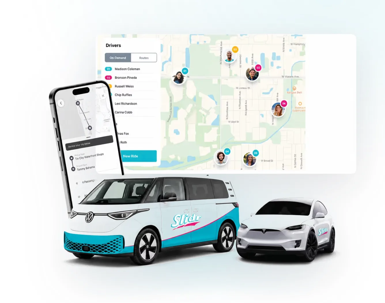 Slidr rider app, dispatch map, and electric fleet